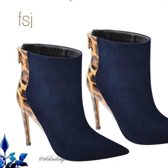 FSJ Shoes - NWT Navy or Black Leopard Stilettos Two Tone Booties Polished Dress Booties